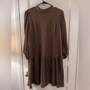 Pink and Brown Houndstooth Long Sleeve Dress